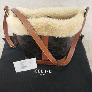 New Authentic Celine Triomphe Canvas Small Bucket Bag with Shearling